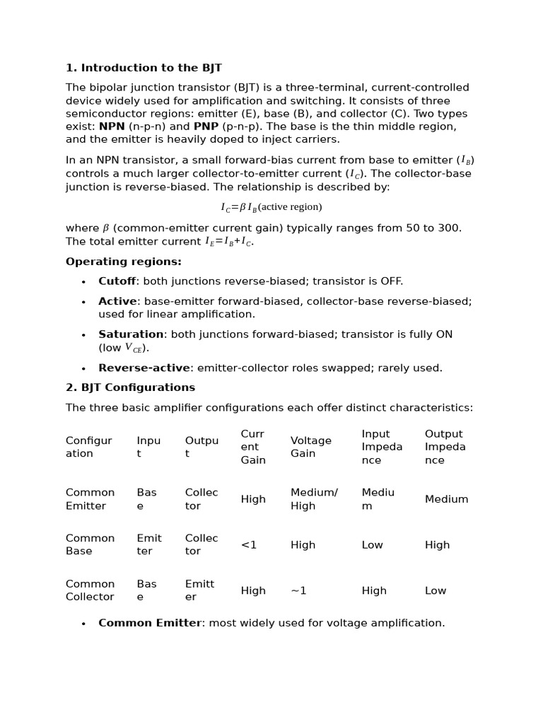 Bipolar Junction Transistor (BJT) and Its Types | PDF