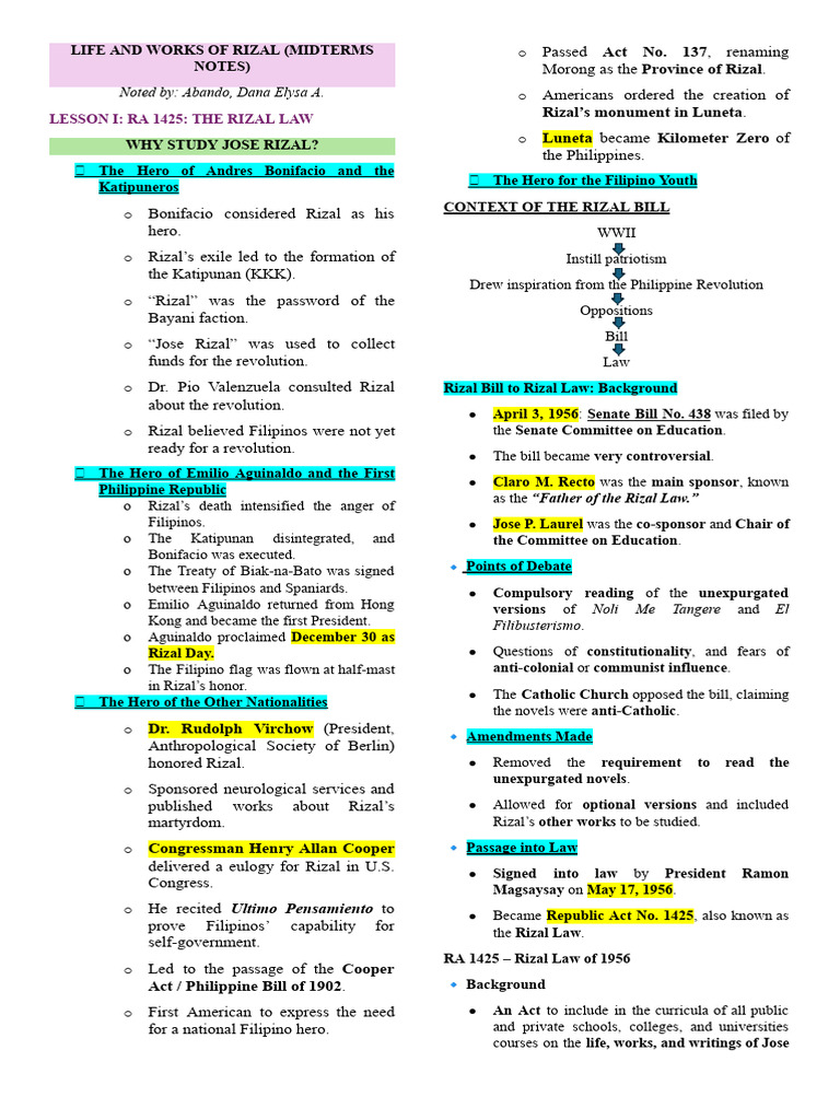Life and Works of Rizal Notes | PDF