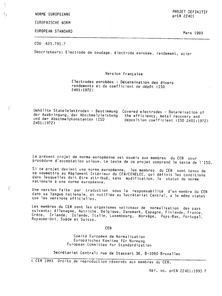 PrEN 22401 FD 1993 03 Determinação Rendimento de Eléctrodos | PDF
