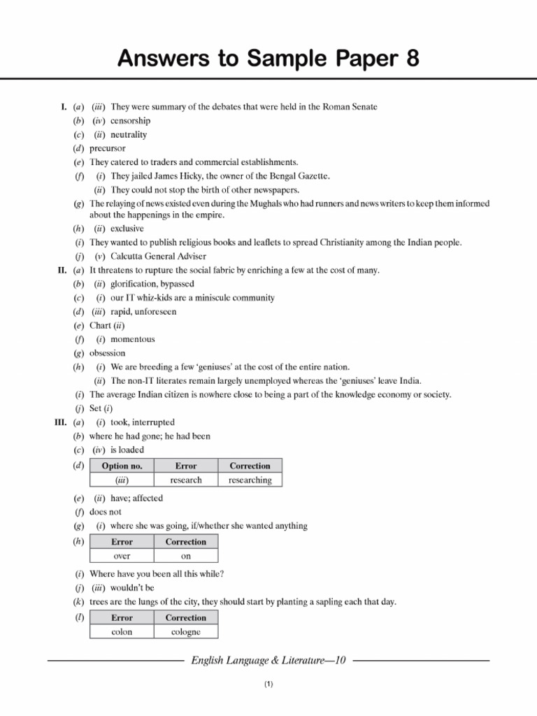 Cbse Cl10 Ead English LLR Answers To Paper 8 | PDF