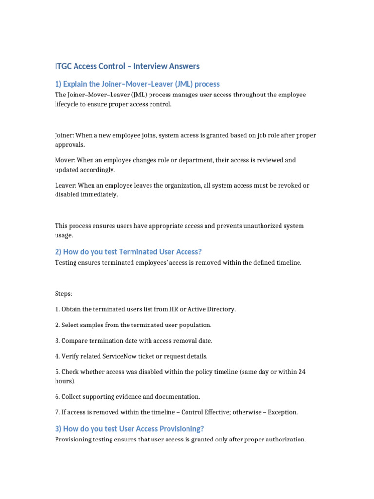 ITGC Access Control Interview Answers-3 | PDF