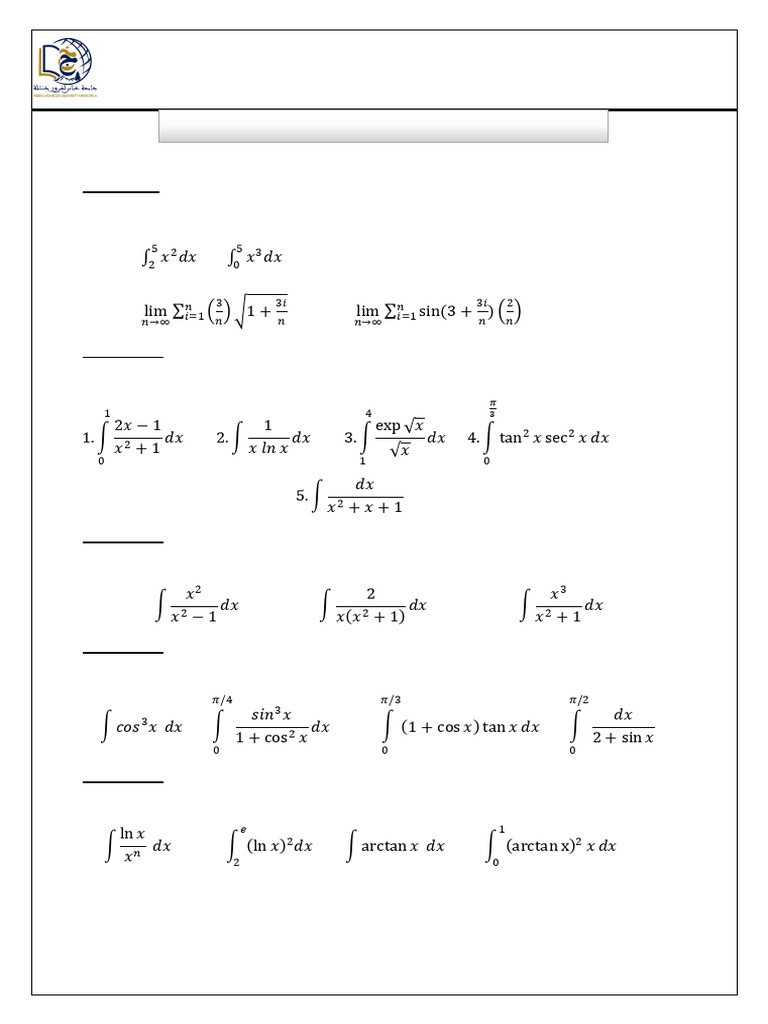 Worksheet II Integration Functions - 2026 | PDF | Integral | Pi