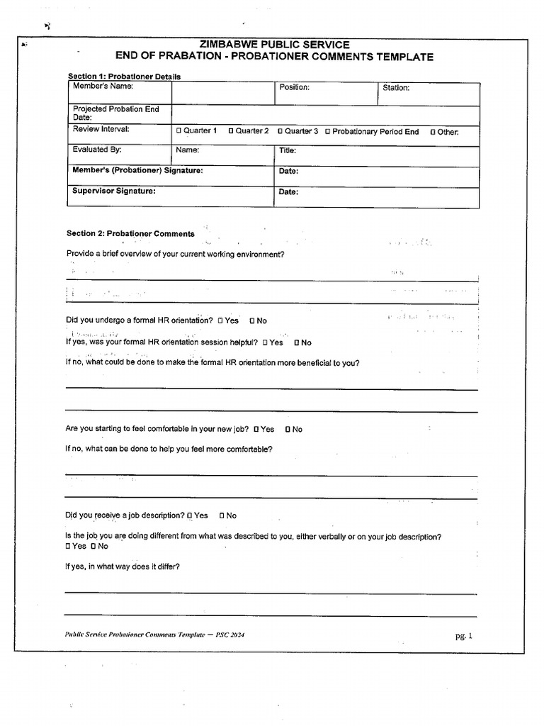 End of Probation - Probationer Comments Template | PDF