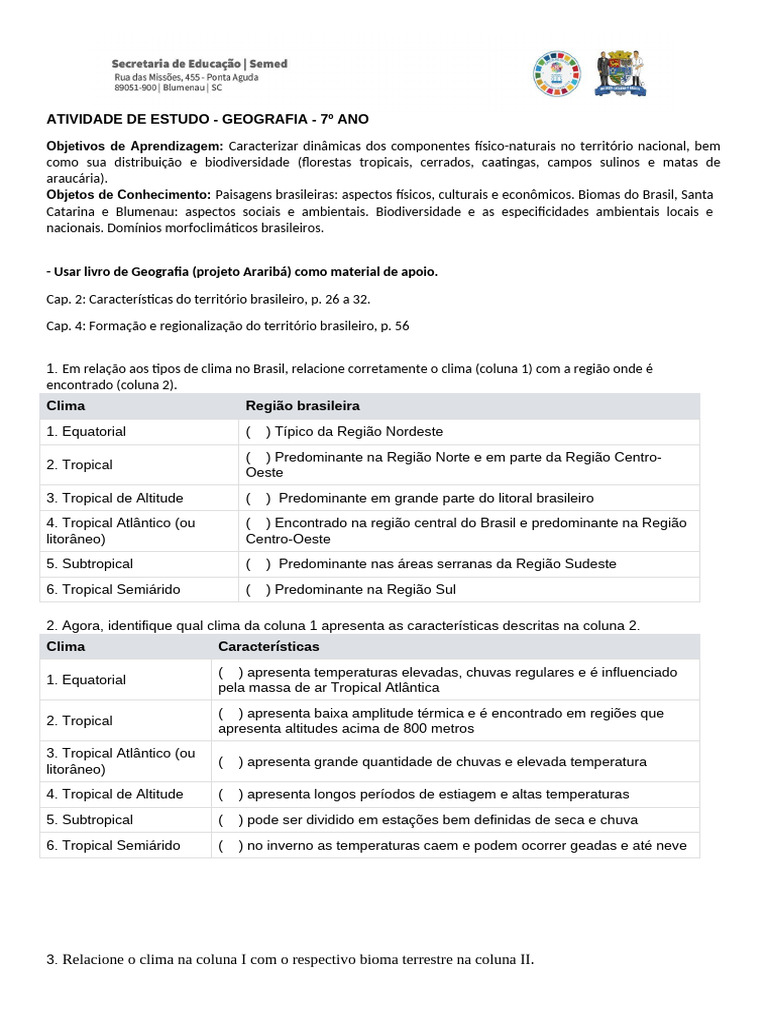 7° Ano. ATIVIDADE DE ESTUDO. Biomas Brasil | PDF | Ciências ...