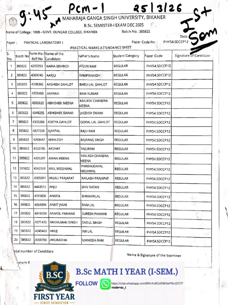 B.sc. (I-Sem.) Physics Practical Batch List PDF by Bharat Garg | PDF