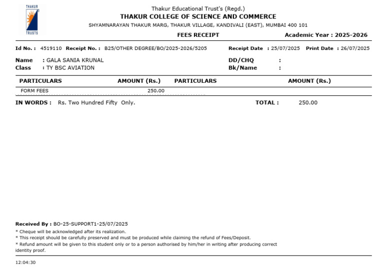 Fees Recipt 250 | PDF
