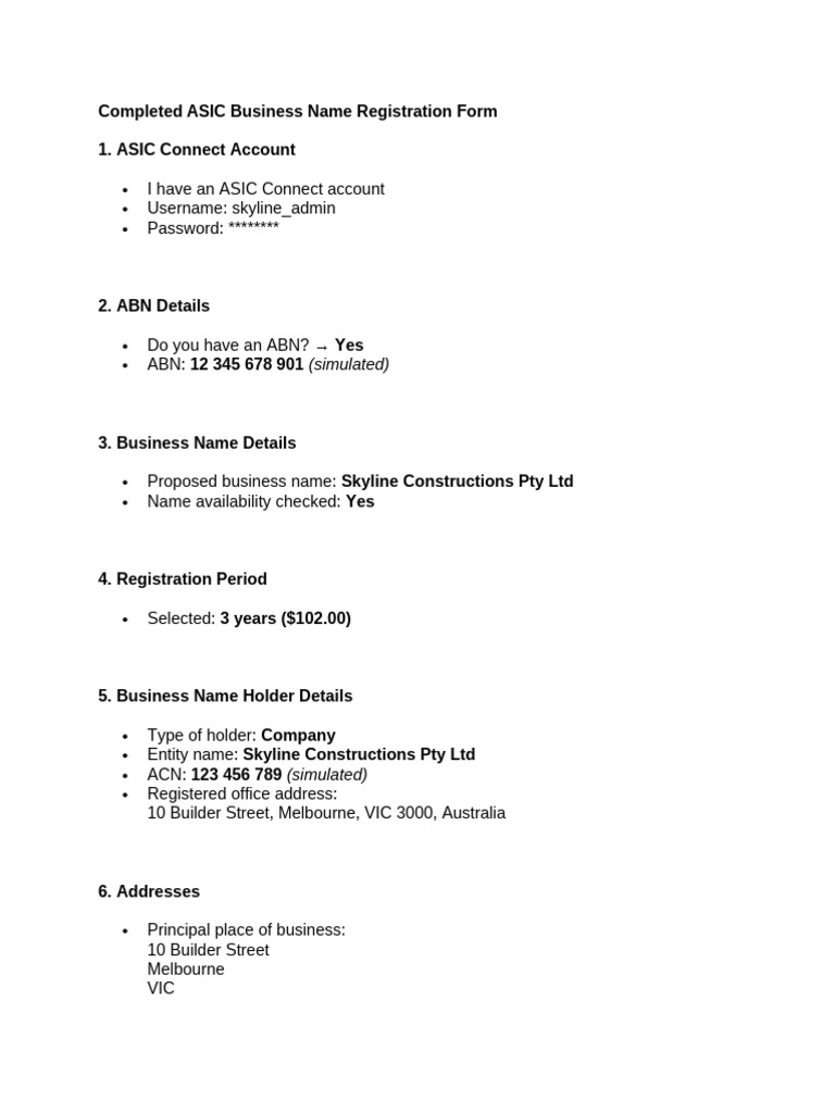 Completed ASIC Business Name Registration Form | PDF