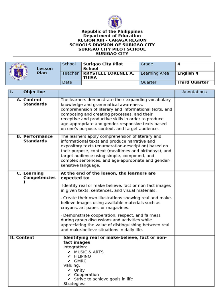 Lesson Plan English 4 Demo Teaching With Annotations | PDF | Learning ...