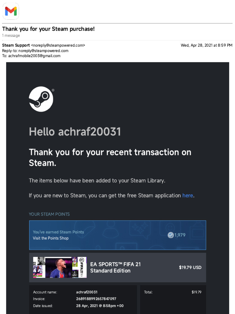 Gmail - Thank You For Your Steam Purchase! | PDF