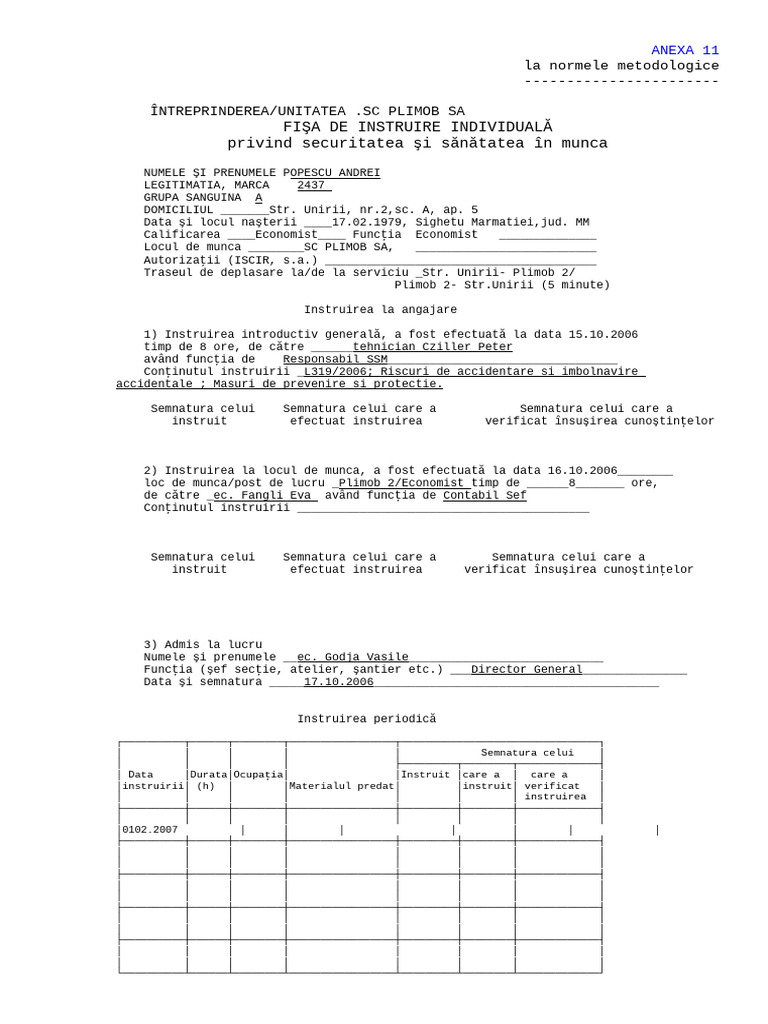 Anexa 11-Fise de Instructaj | PDF