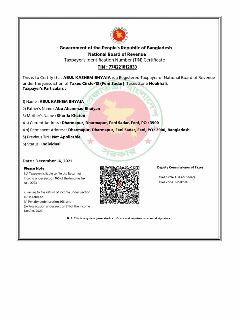 Tin Certificate 4162667226 | PDF