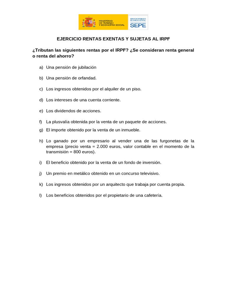 Ejercicio Rentas Exentas y Sujetas Al Irpf | PDF