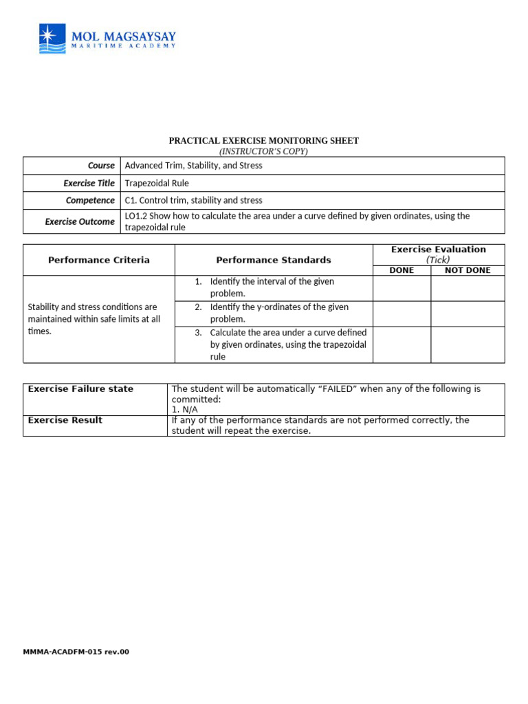 MMMA ACADFM 015 Rev.00 Practical Exercise Monitoring Sheet For ...