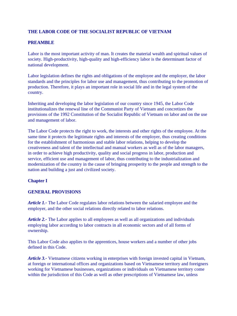 The Labor Code of The Socialist Republic of Vietnam | PDF