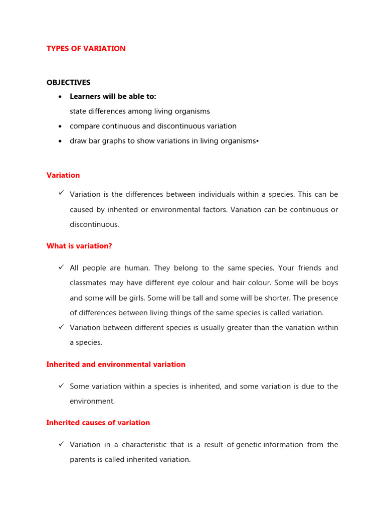 1.1 Types of Variation - 010838 | PDF | Genetics | Species