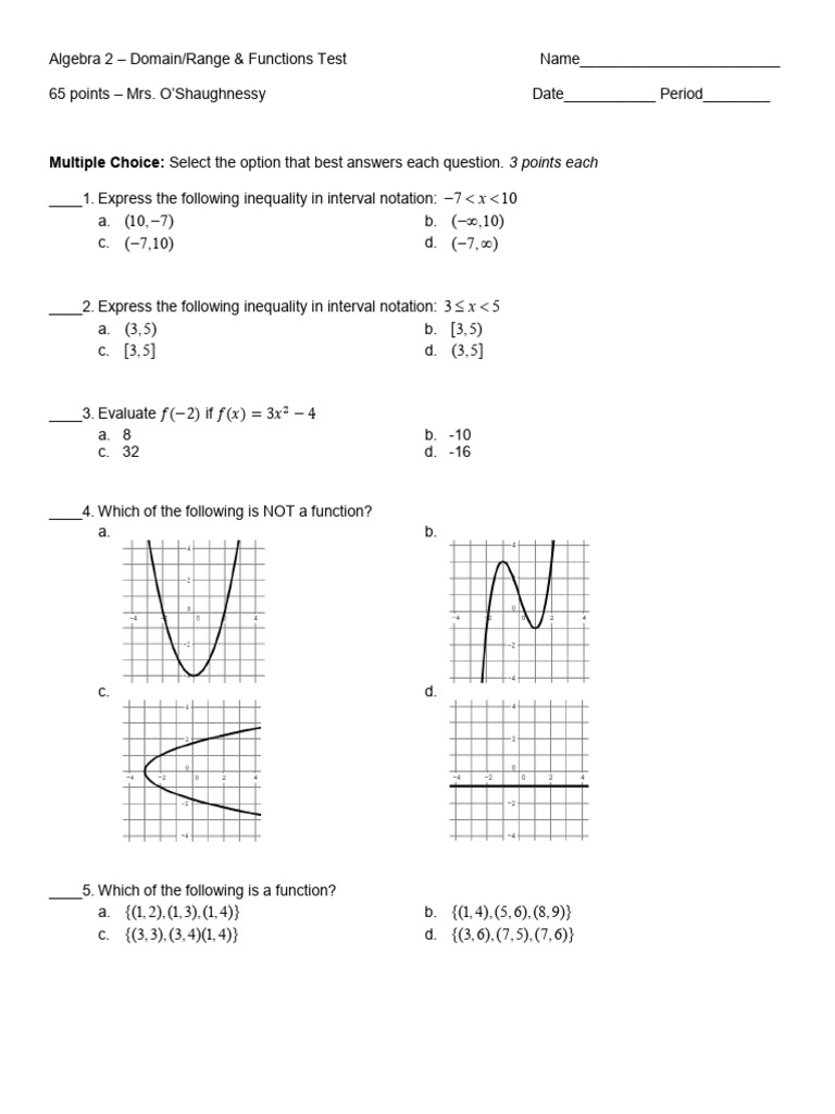 Relations and Functions Test Version 2 | PDF | Function (Mathematics ...