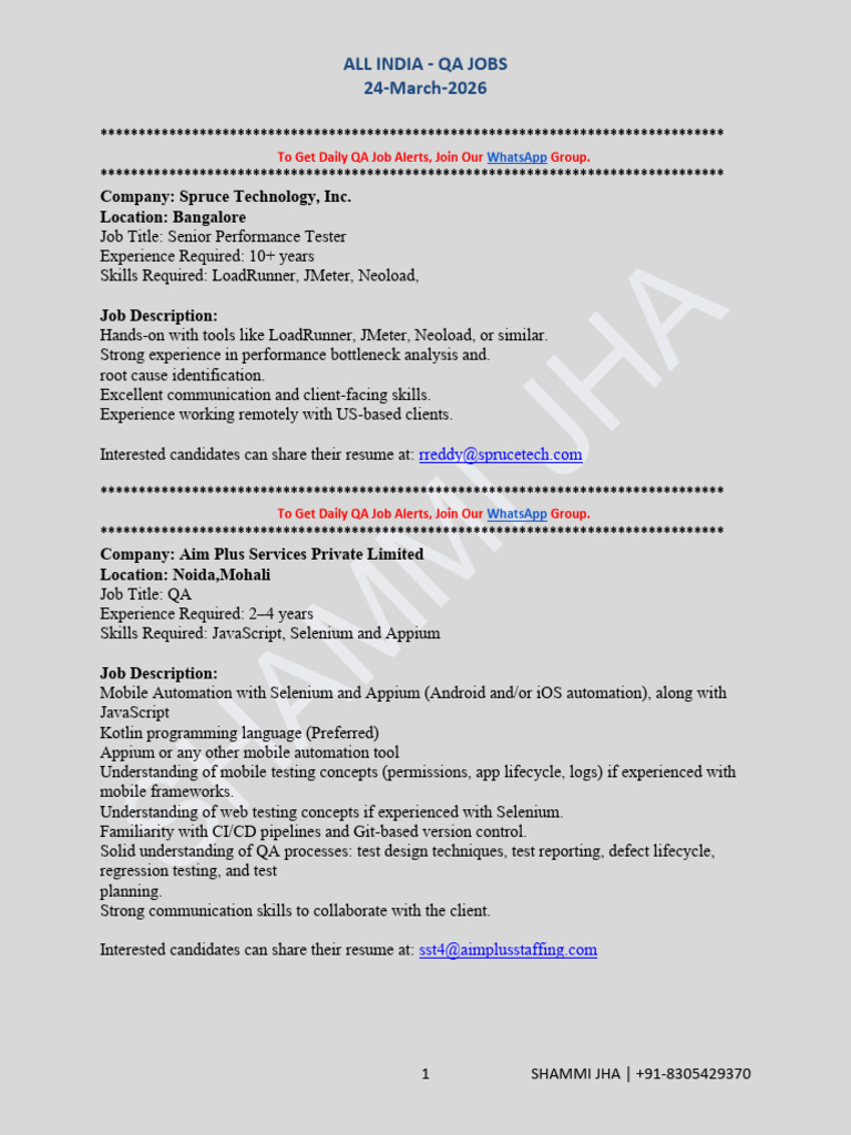 All India Qa Jobs - 24 March 2026 | PDF | Software Testing | Selenium ...