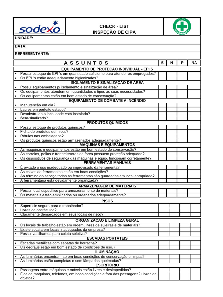CheckList Inspecao CIPA | PDF | Ferramentas