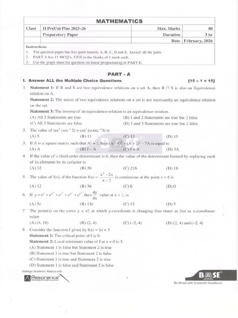 Preparatory Exam-2 Mathematics | PDF