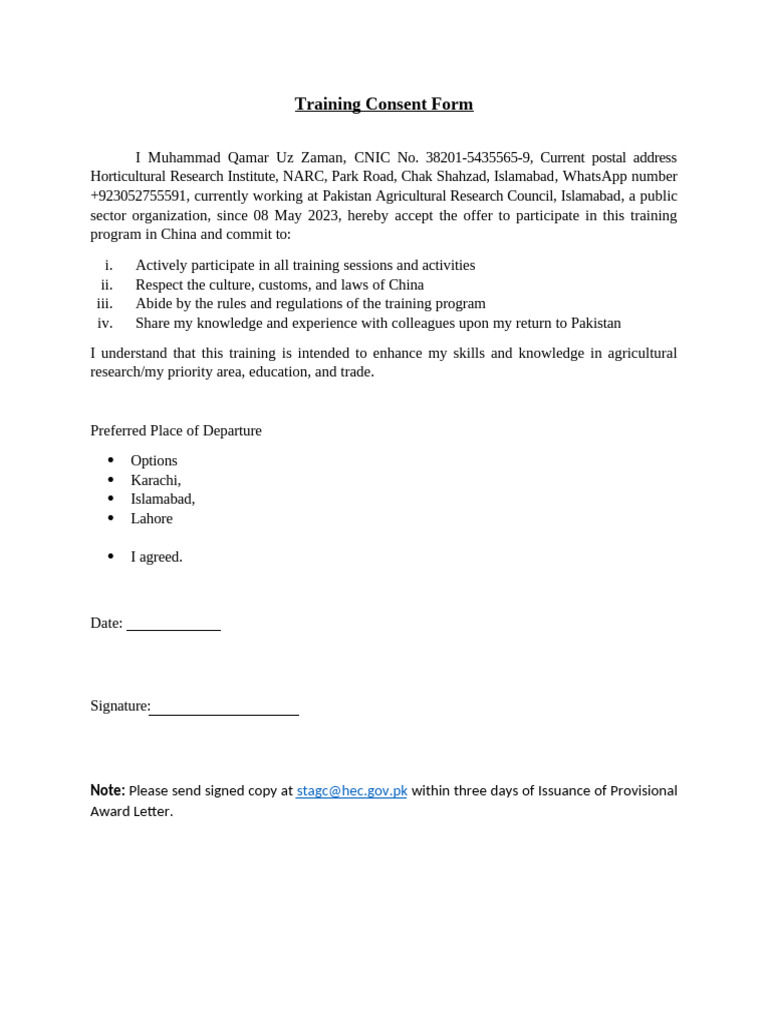 Training Consent Form | PDF
