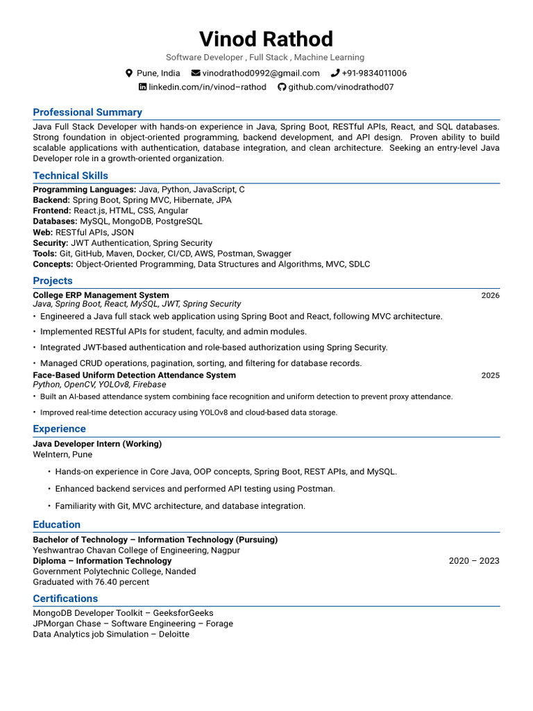 Resume Vinod Java | PDF