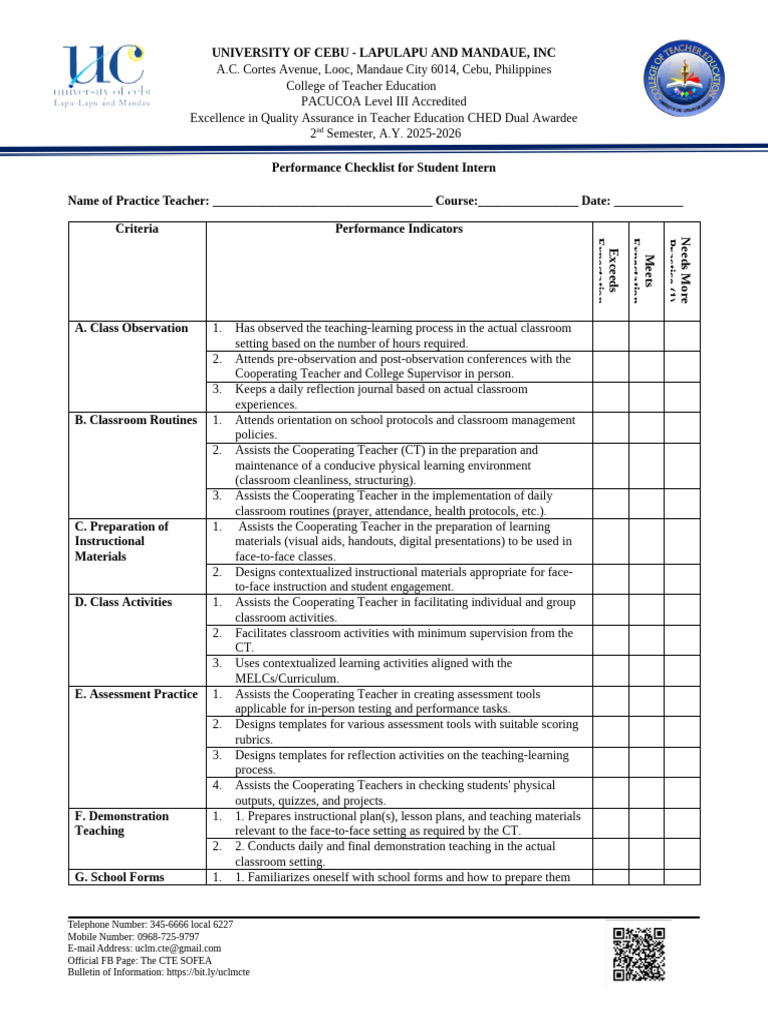 Performance Checklist For Student Intern | PDF | Teachers | Classroom