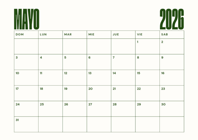Documento A4 Calendario Mayo 2026 Almanaque Imprimible Minimalista ...
