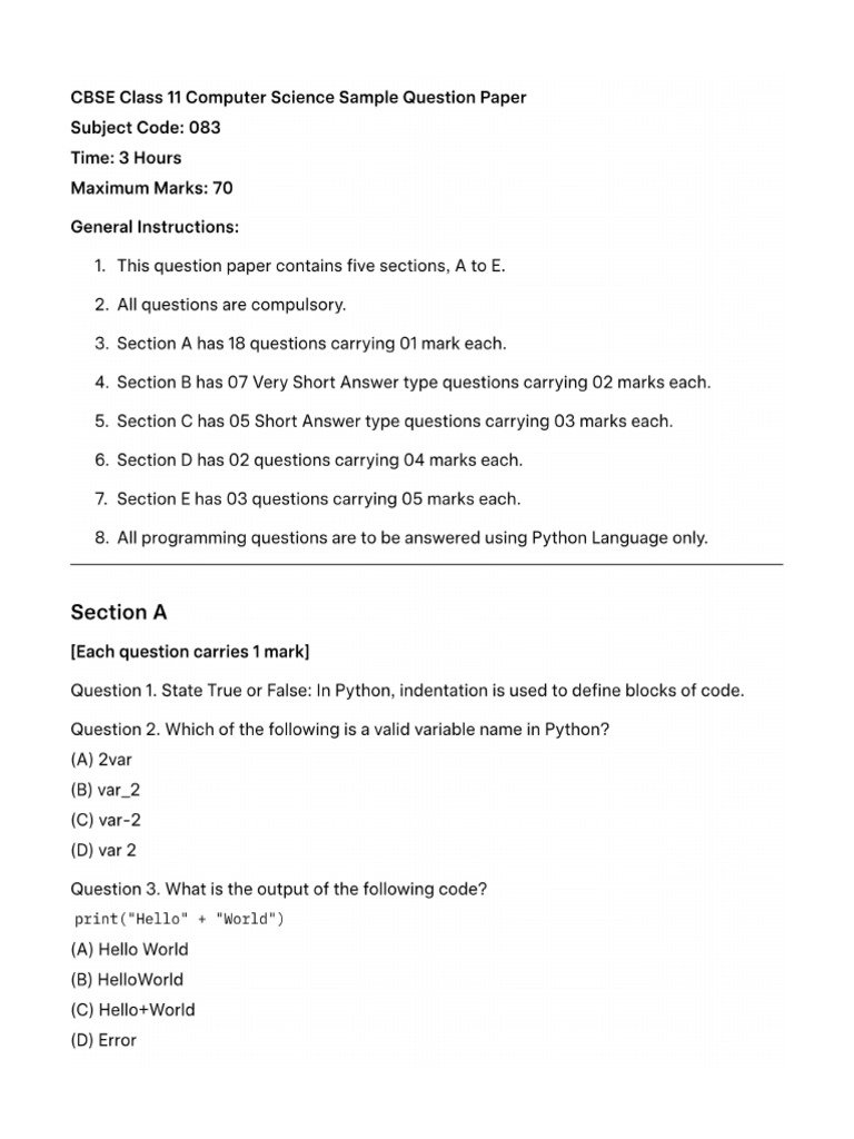 Q Computer Class 11 Cbse Sample Question Paper Grok - Report | PDF