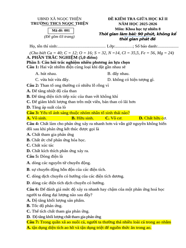 25-26. Đề + Hdc Môn Khtn 8 Gkii -Chang,Hòa, Sáng | PDF