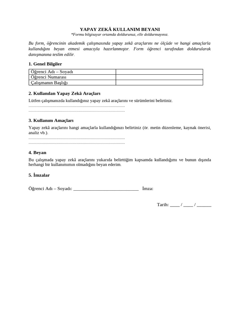 Ars . Dersleri Yapay Zeka Kullanim Beyani | PDF