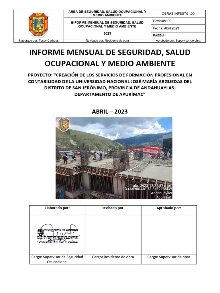 Informe Mensual de Seguridad, Salud Ocupacional y Medio Ambiente | PDF