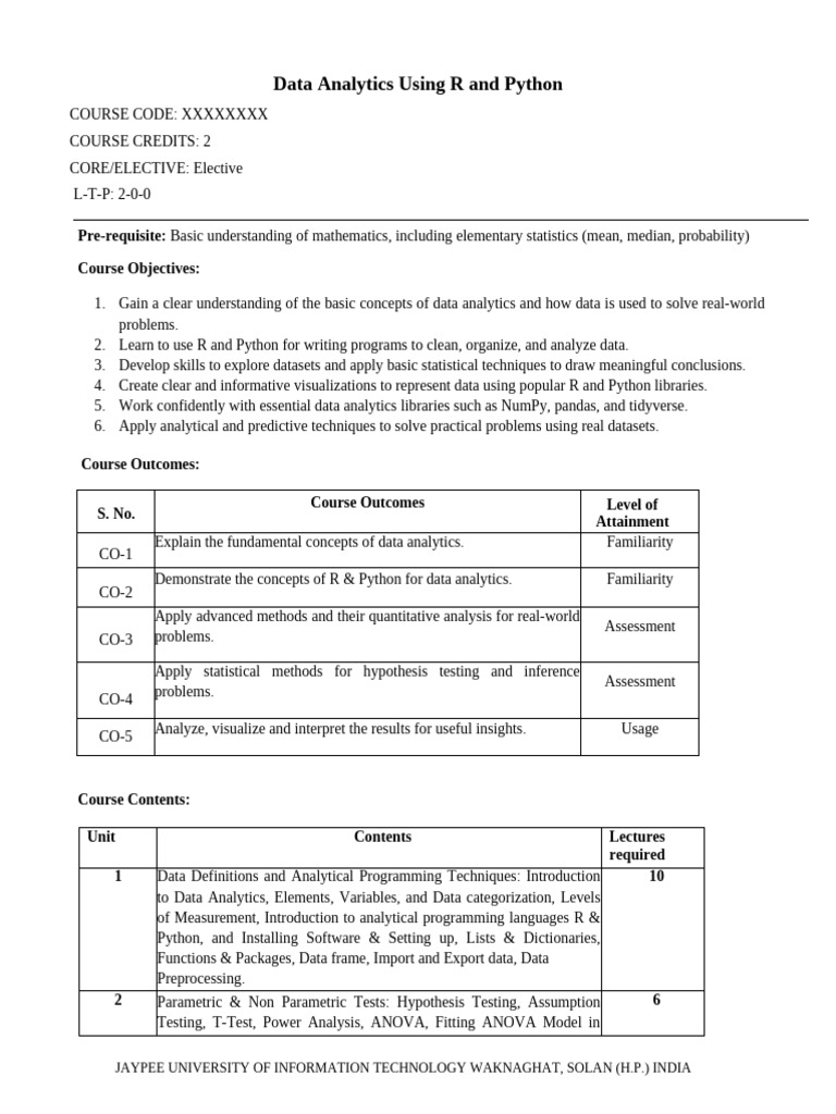 Syllabus Data Analytics Using R and Python - Theory | PDF