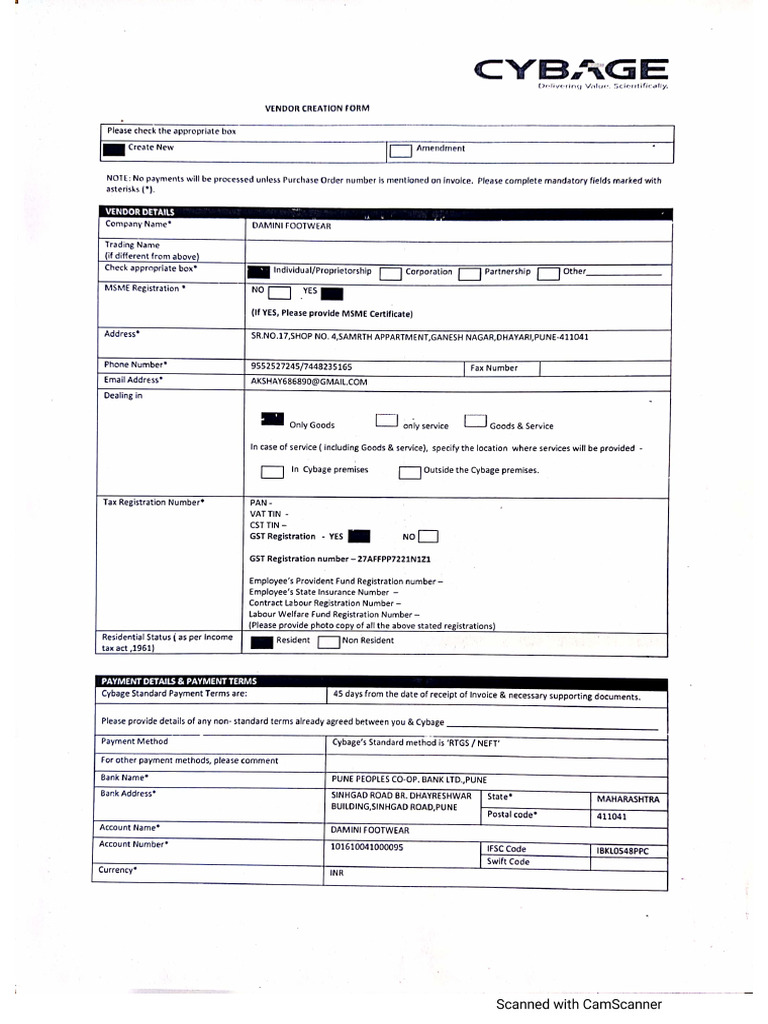 Vendor Creation Form | PDF