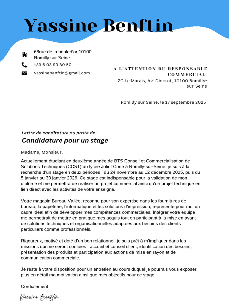 Lettre de Motivation Bureau Vallée | PDF