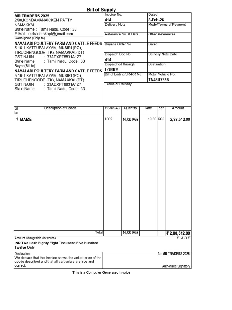 Bill of Supply: MR Traders 2025 414 8-Feb-26 | PDF
