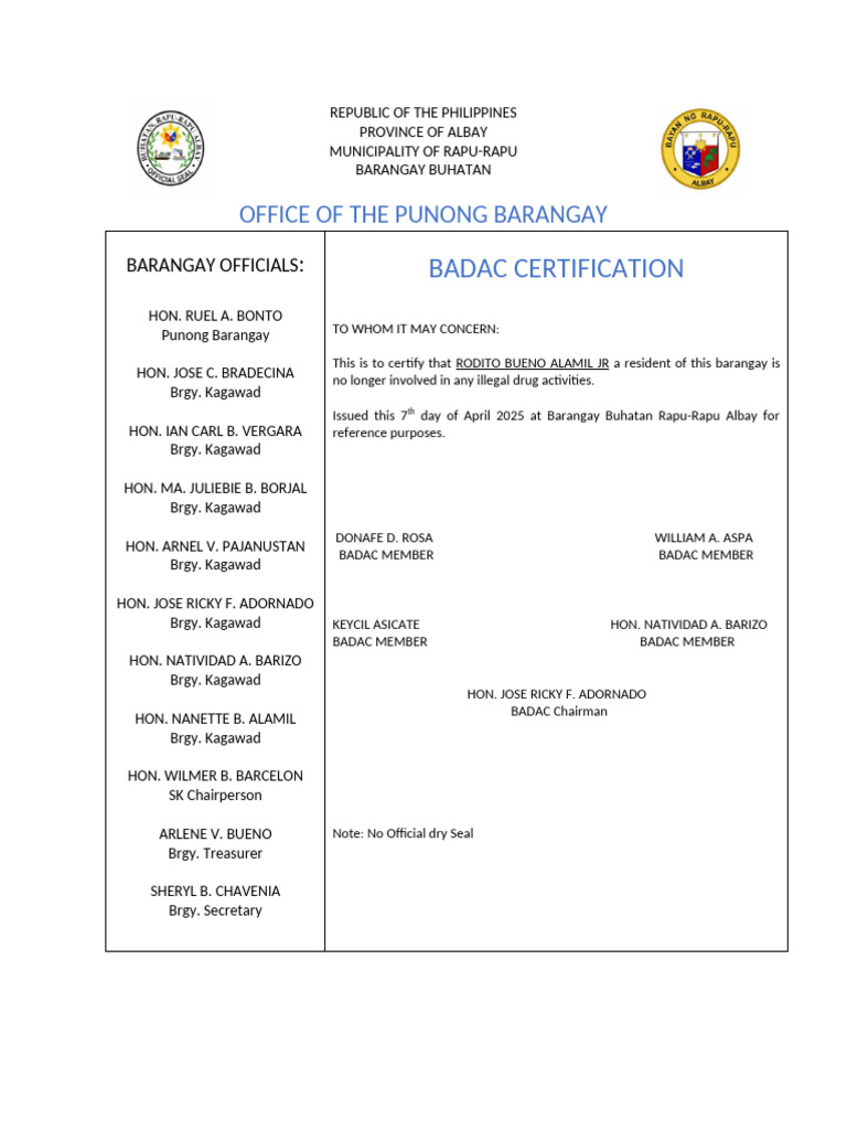 BADAC Surrenderee Certification | PDF