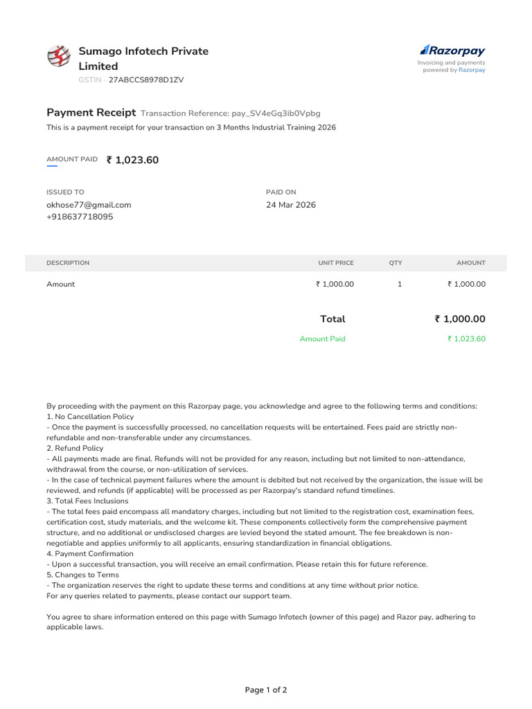 Receipt Pay - SV4eGq3ib0Vpbg From Sumago Infotech Private Limited (Paid ...