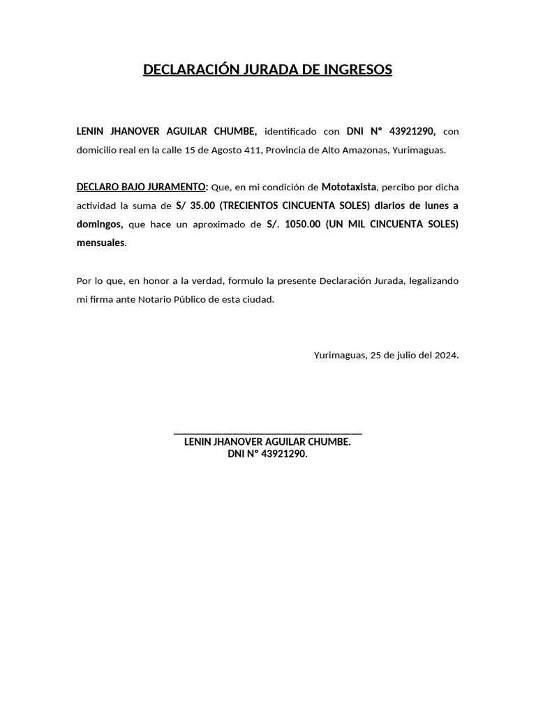 Declaración Jurada de Ingresos - Lenin Jhanover Aguilar Chumbe | PDF