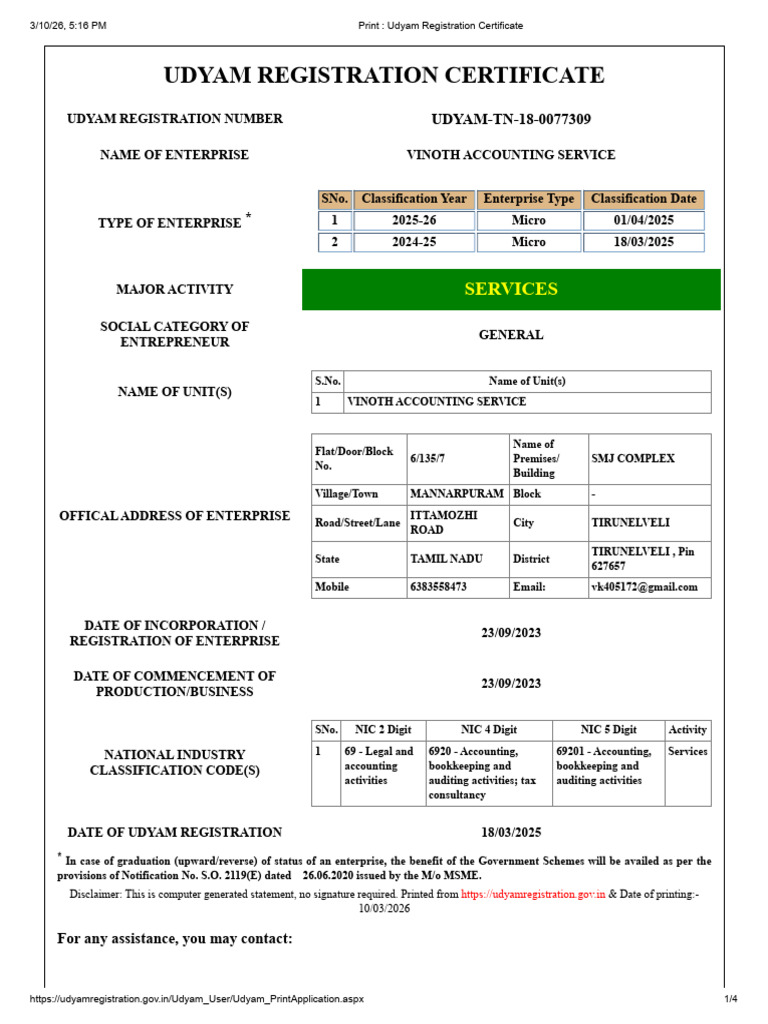 Udyam Registration Certificate | PDF | Accounting | Business