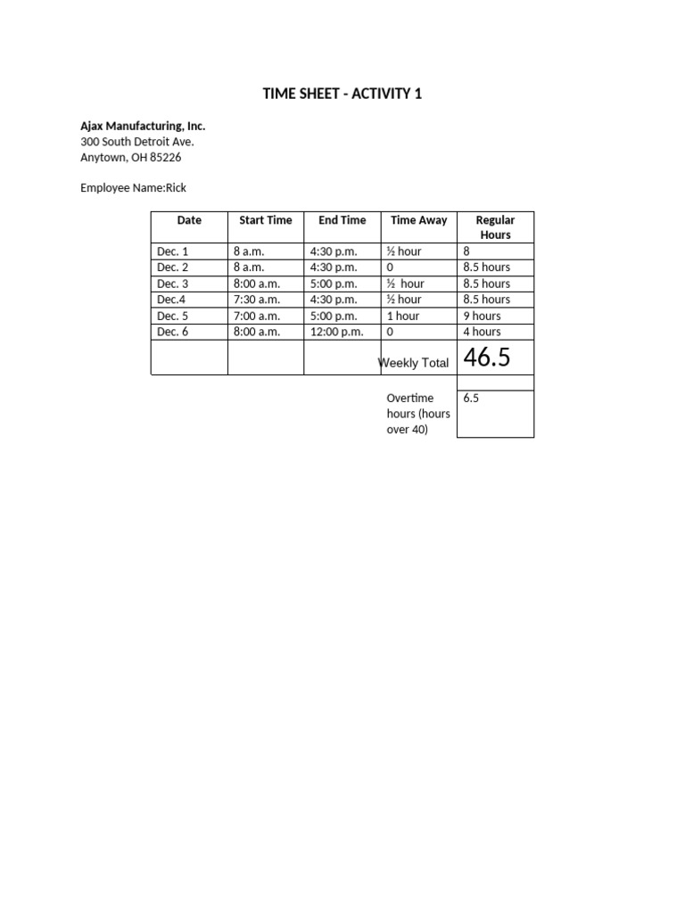 Caru01c01p04 Timesheet Activity Sheet | PDF