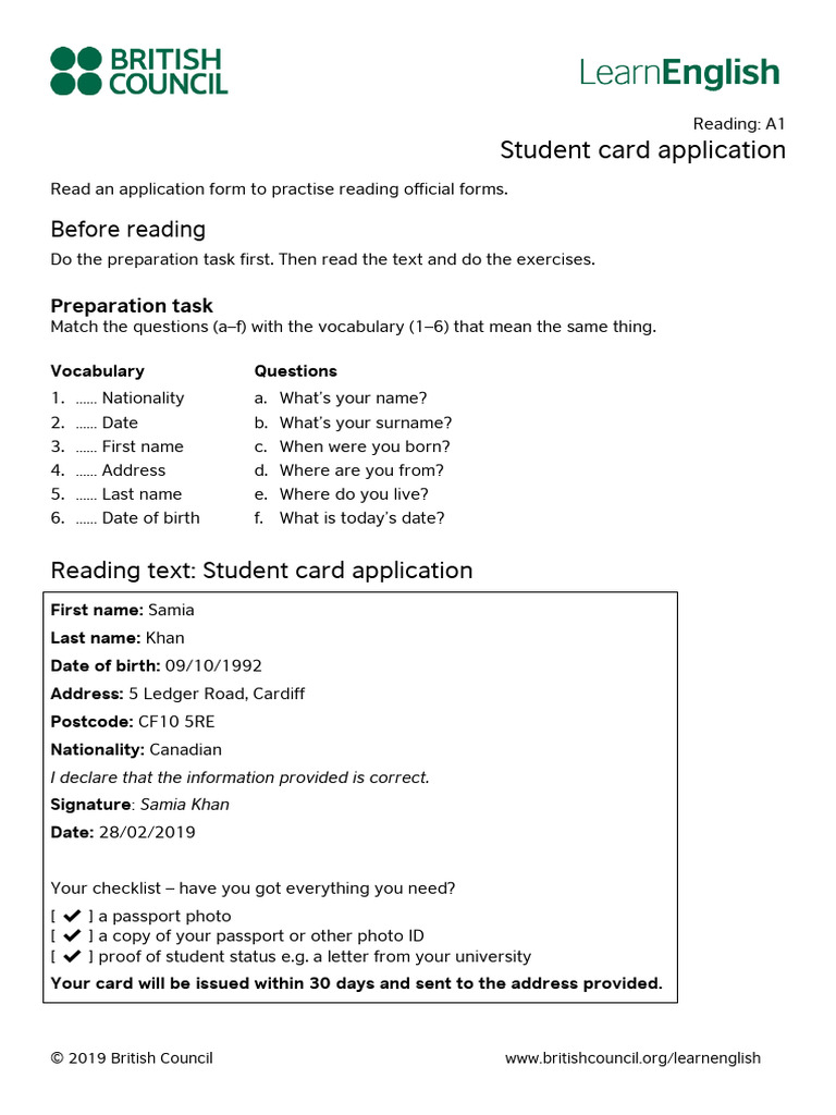 LearnEnglish Reading A1 Student Card Application | PDF