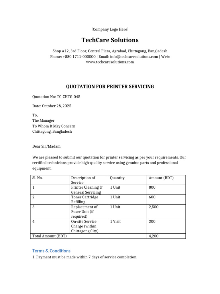 Quotation Printer Servicing TechCare Solutions With Logo | PDF