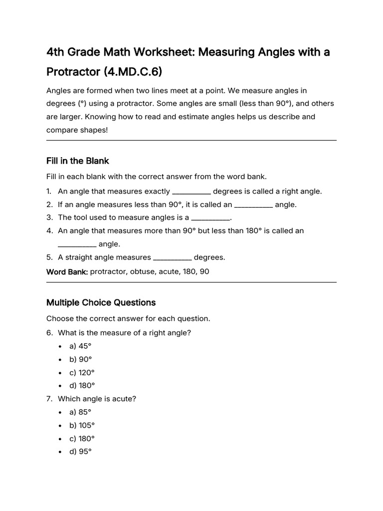 4.MD.C.6 - Measuring Angles With A Protractor Worksheet (4th Grade) | PDF