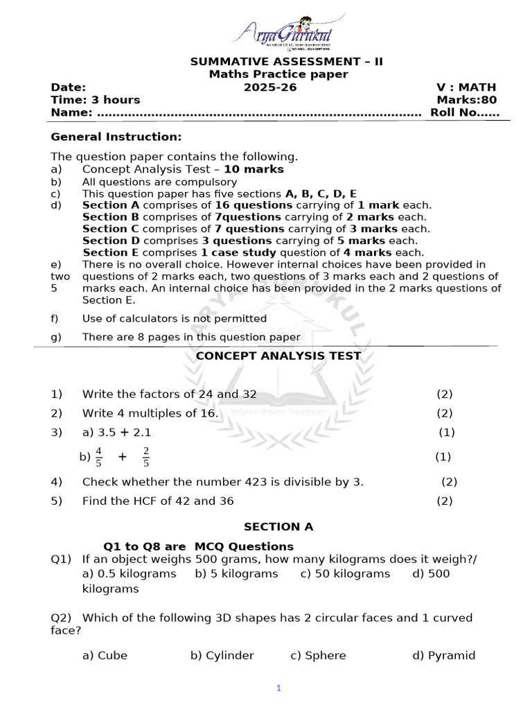 V MATH SA 2 Practice Paper 2025-26-1 | PDF