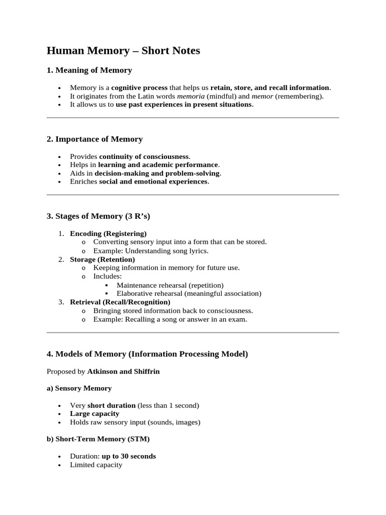 Ch-8 Memory Short Notes | PDF | Memory | Recall (Memory)