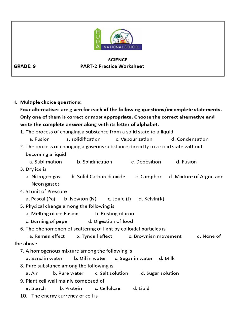 Science Part-2 Practice Worksheet Class 9 | PDF | Force | Cell (Biology)