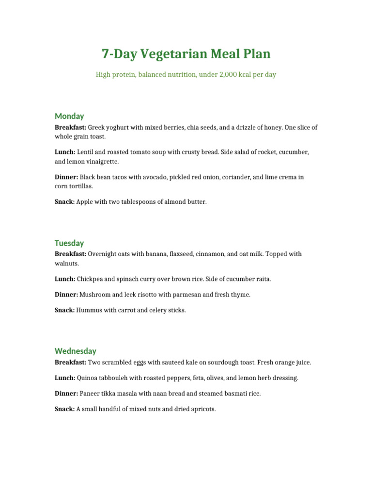 7 Day Vegetarian Meal Plan | PDF | Pancake | Lunch