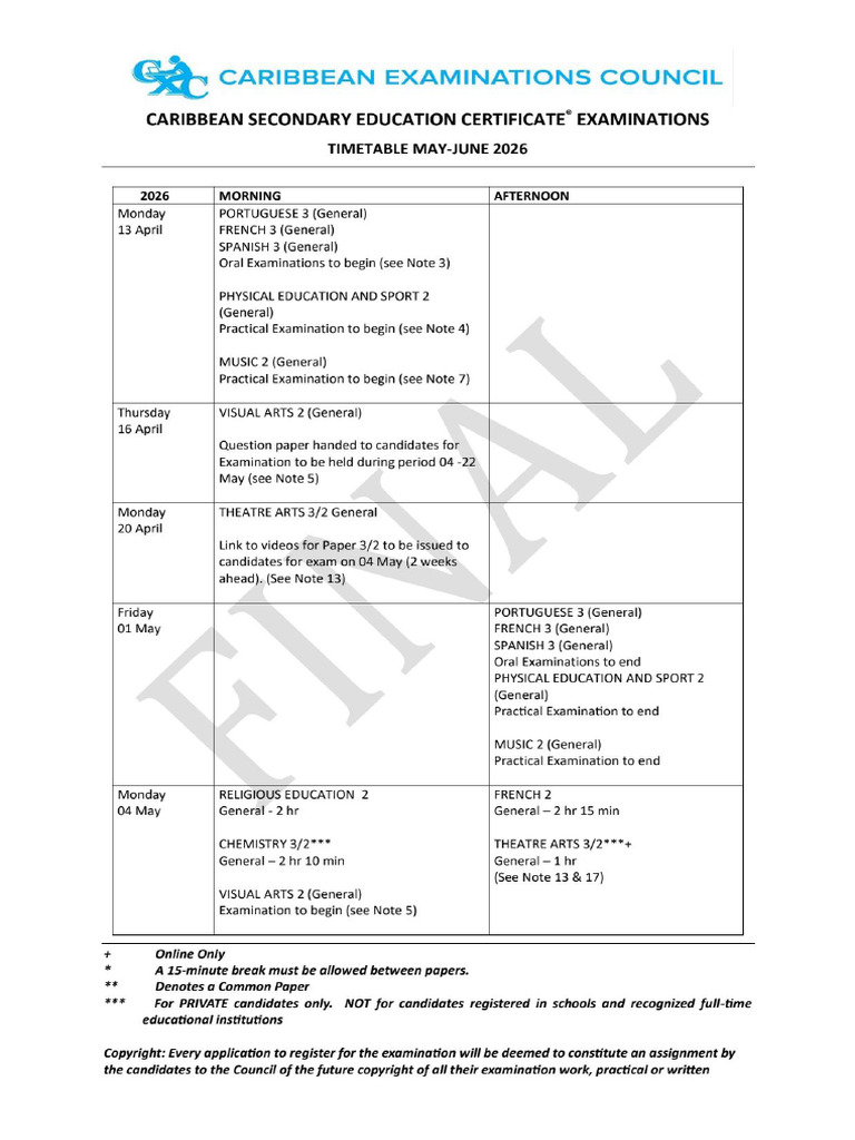 Timetable CSECMay June2026 FINAL 27july2025 | PDF