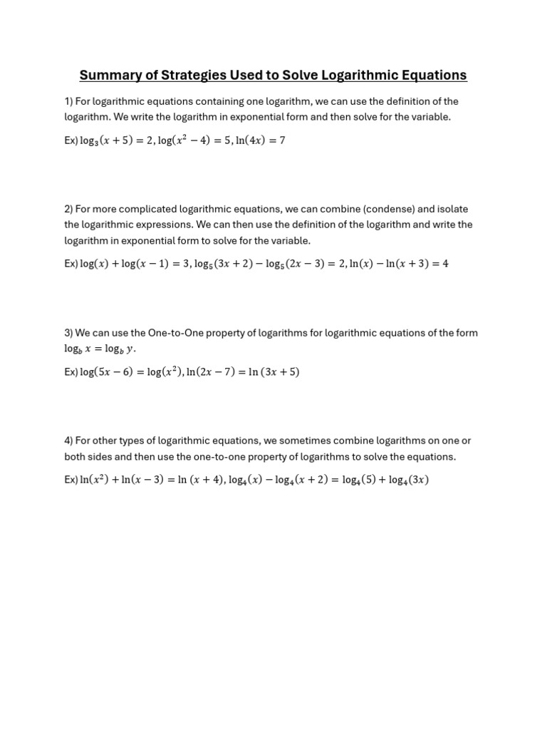 Summary of Solving Log Equations | PDF