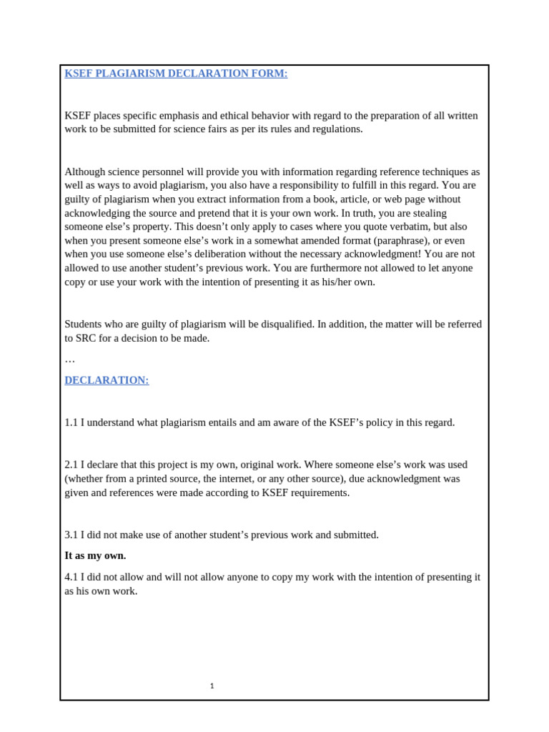Ksef Plagiarism Declaration Form | PDF